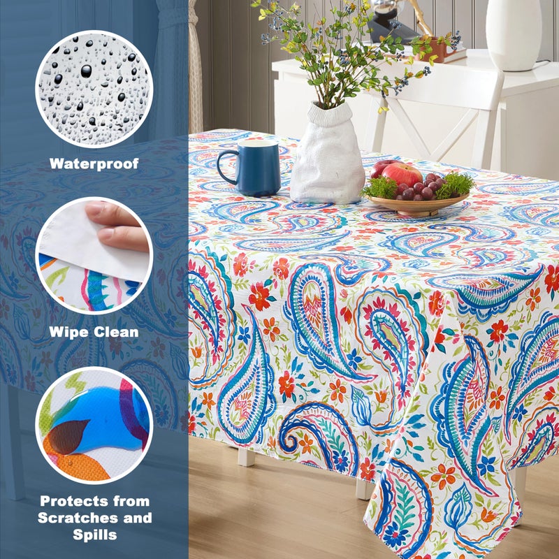 Newbridge Spring and Easter Boho Chic Paisley Vinyl Tablecloth with Flannel Backing, 52 x 52 Inch Square, Blue Red and Pink Floral Print, Wipe Clean Table Cover for Dining and Entertaining - Image 3